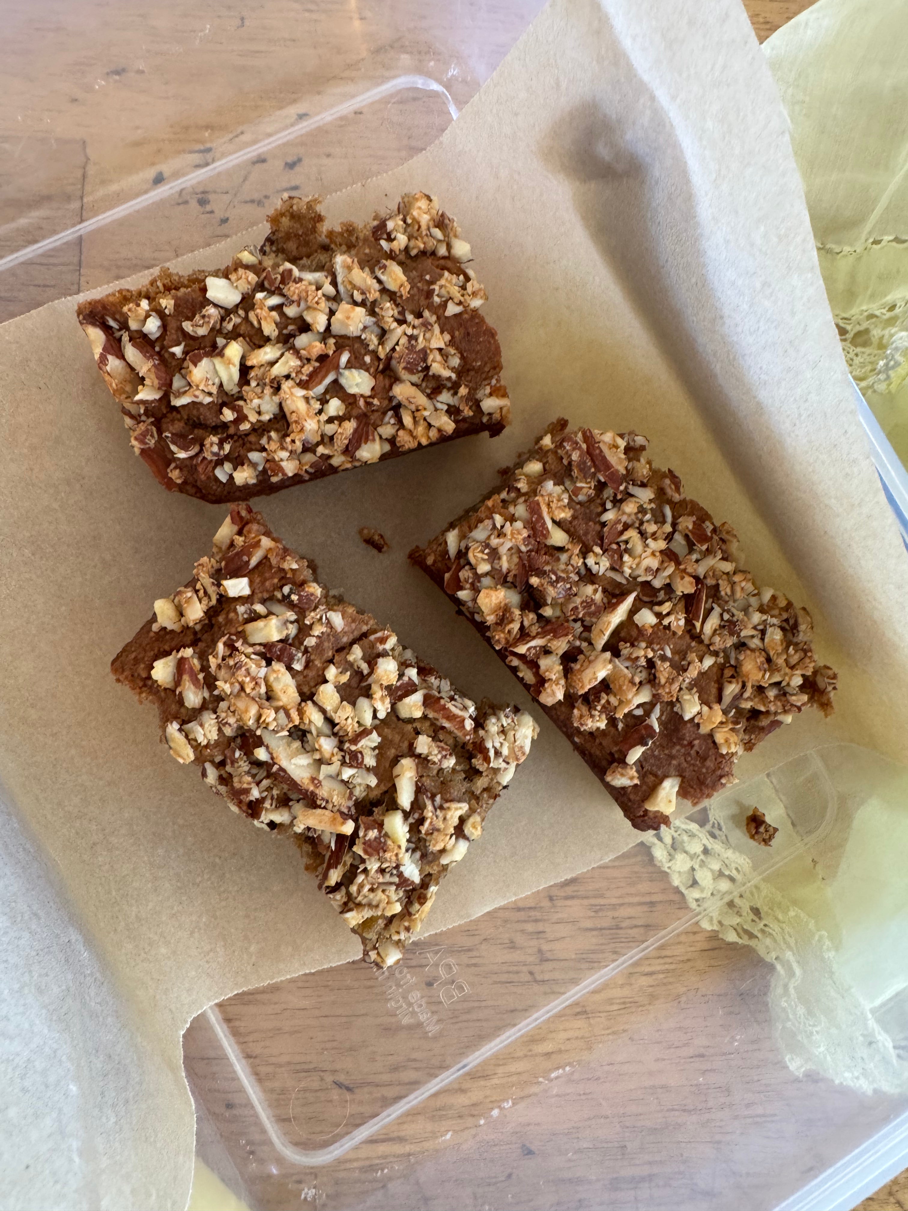 YOMO gluten free banana bread made in a square pan, gluten free banana bread with crunchy top, gluten free vegan banana bread
