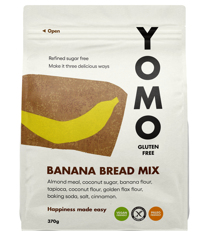 YOMO gluten free banana bread mix, gluten free baking, vegan baking, vegan banana bread