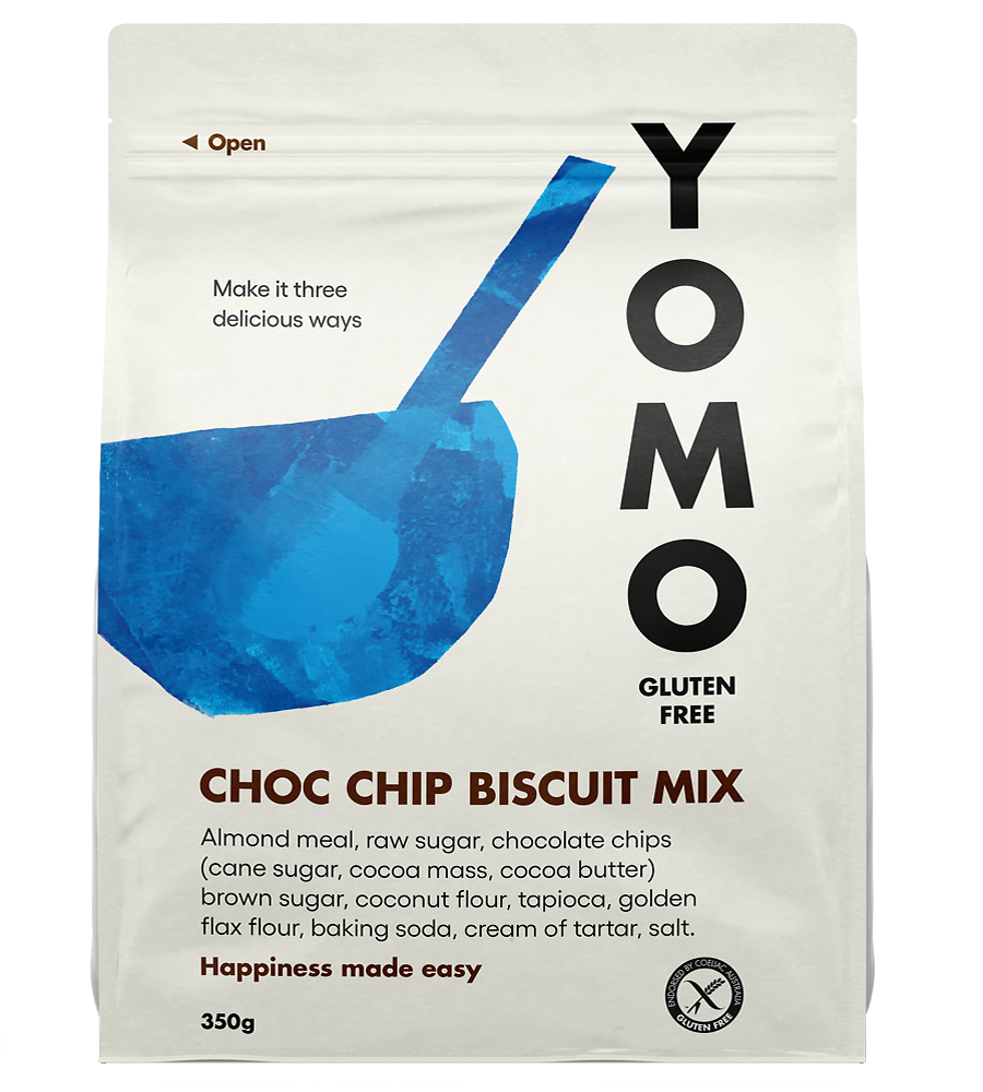 YOMO gluten free choc chip mix that makes biscuits, cookies, blondies and brownies, gluten free baking at home