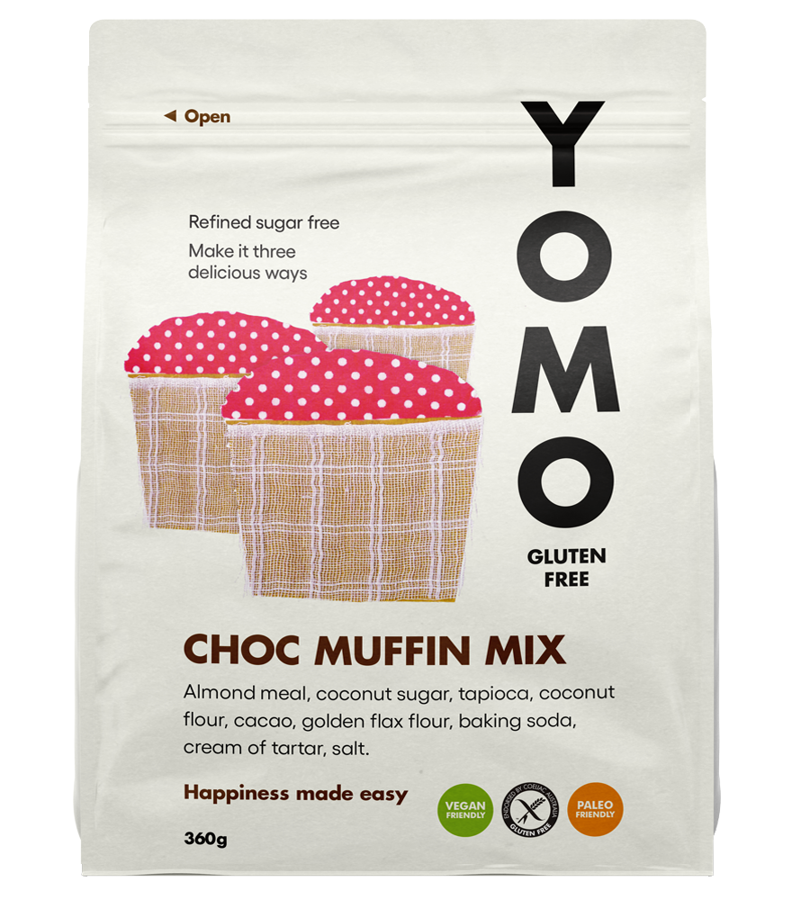 YOMO gluten free choc muffin mix, gluten free baking, dairy free baking, vegan baking, vegan choc muffin mix