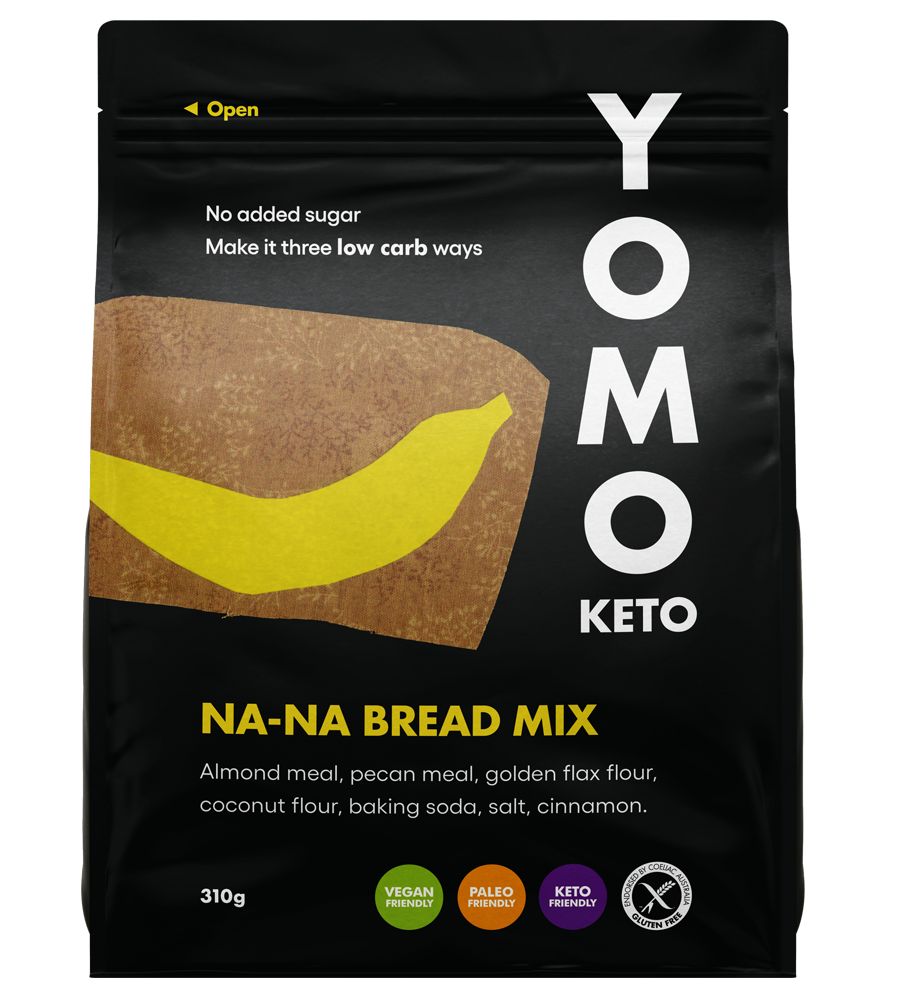 Packaging for low carb banana bread mix, low carb baking, low carb bread, yomo keto na-na bread mix