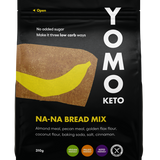 Packaging for low carb banana bread mix, low carb baking, low carb bread, yomo keto na-na bread mix
