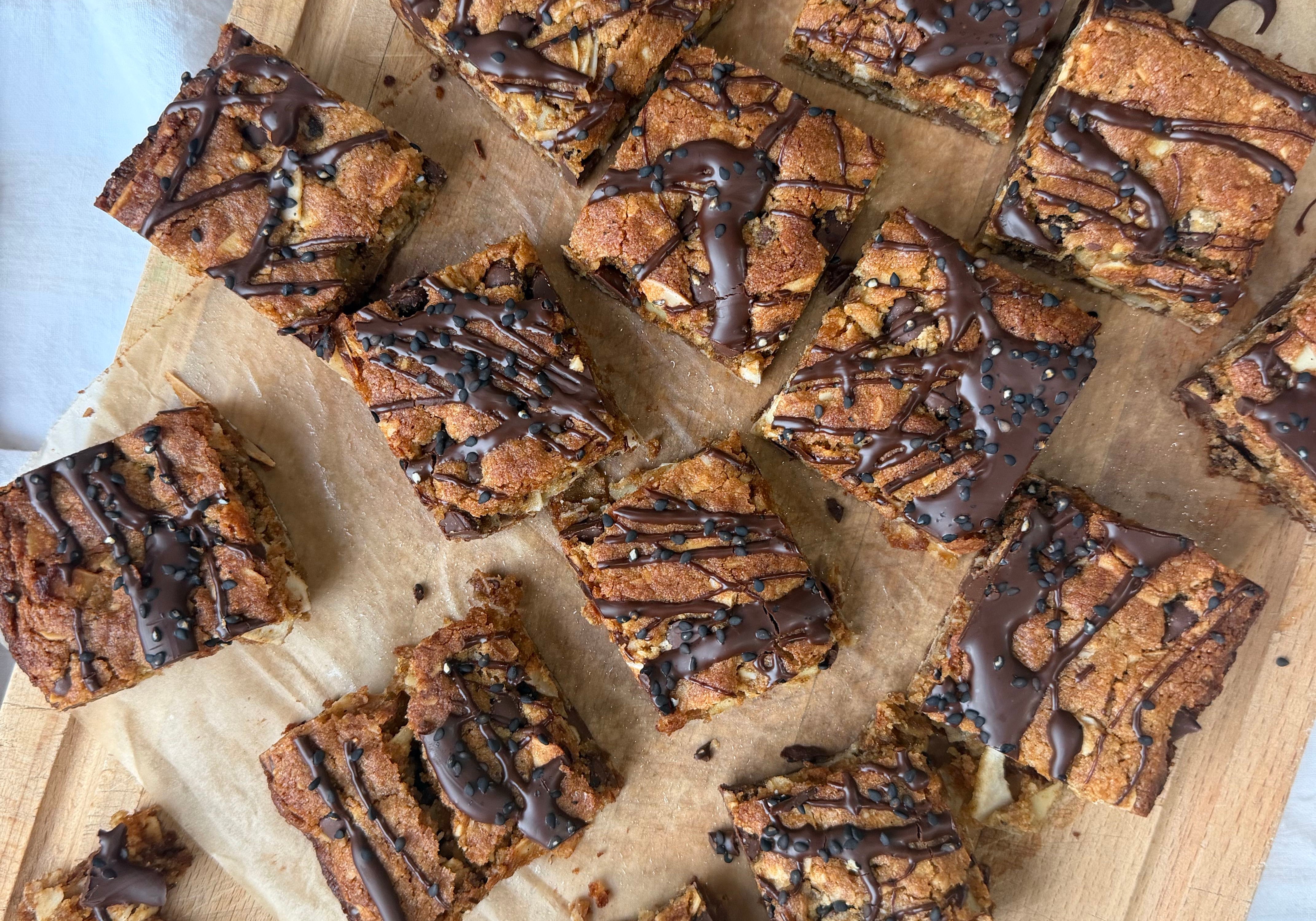 Dark choc tahini muesli slice
