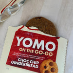 YOMO Choc Chip Gingerbread cookie shown with both cookie and packaging, gluten free and vegan