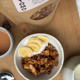 gluten free sticky date pudding granola with yoghurt and banana