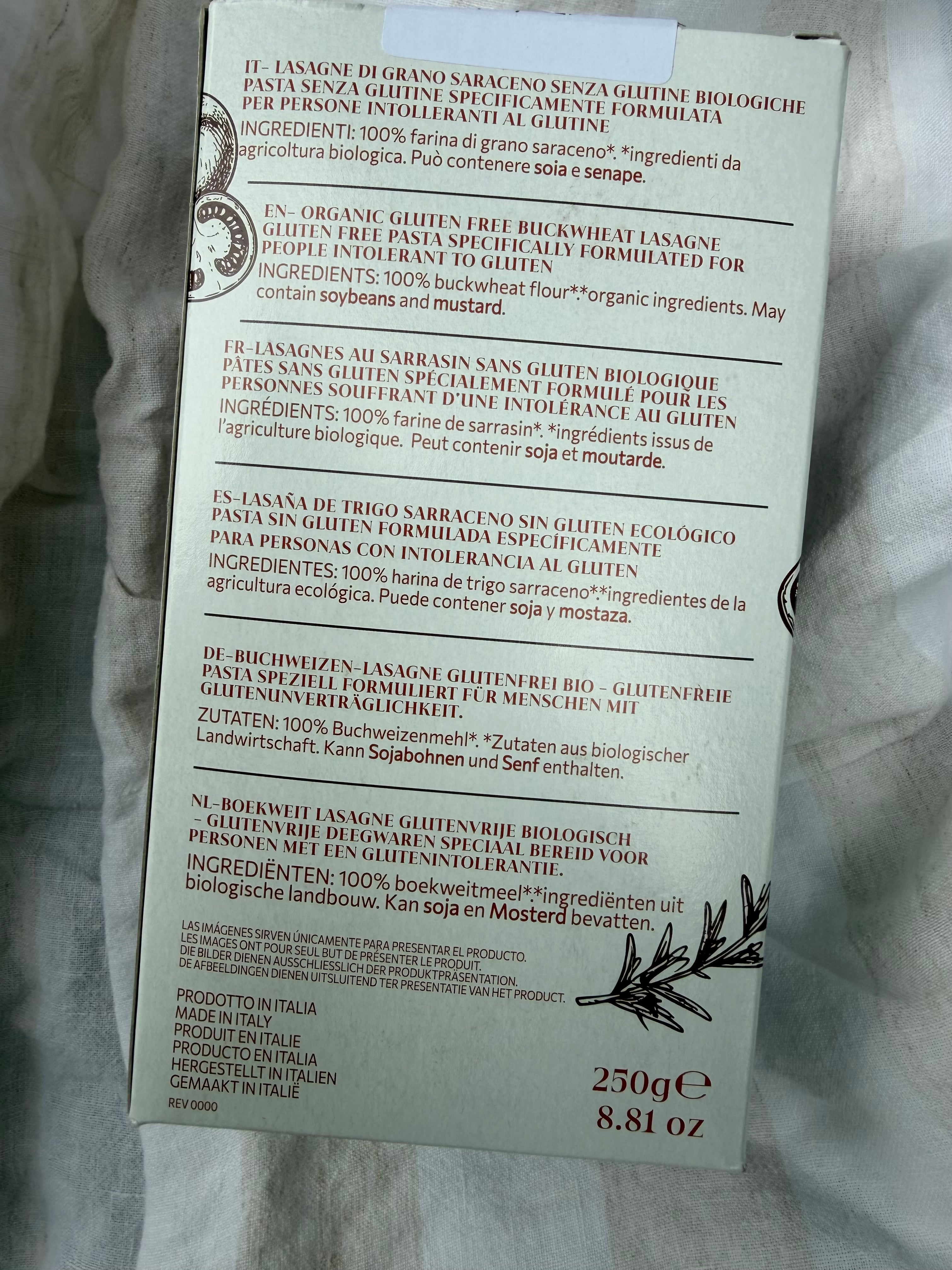 Ingredients panel of the gluten free buckwheat lasagne, pure buckwheat - may contain traces of soy and mustard