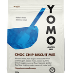 YOMO gluten free choc chip mix that makes biscuits, cookies, blondies and brownies, gluten free baking at home