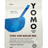 YOMO gluten free choc chip mix that makes biscuits, cookies, blondies and brownies, gluten free baking at home